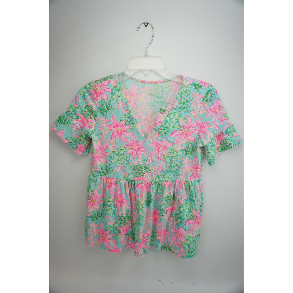 Lilly Pulitzer Top XXS Multi Floral Sea Turtle Peplum V-Neck Excellent